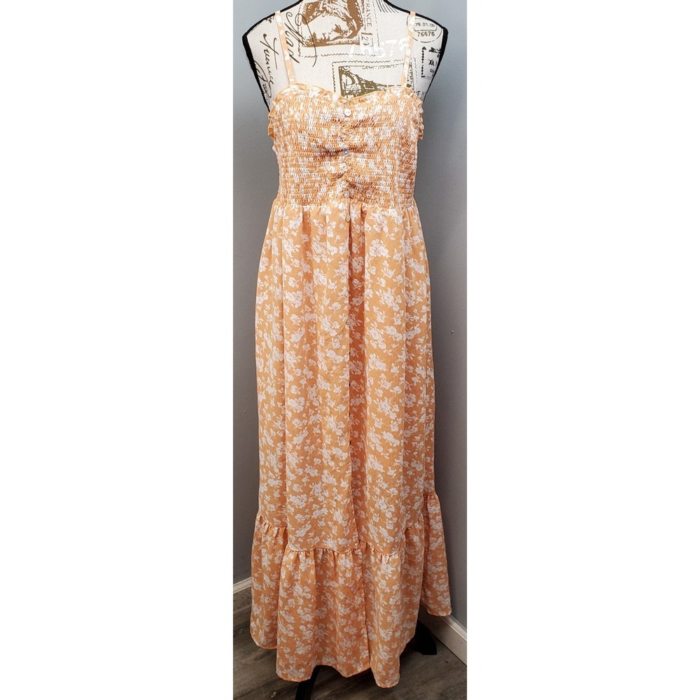 Pink Lily Tiered Maxi Dress Women XL Orange White Smocked Bodice Spaghetti Strap